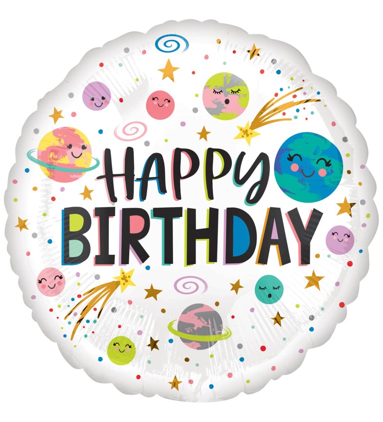 Happy Birthday fóliový balónek s planetami