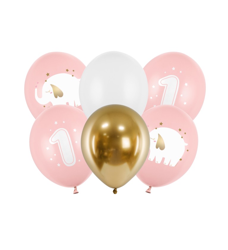 Latexové balónky 30 cm 1. narozeniny, růžový mix, 6 ks