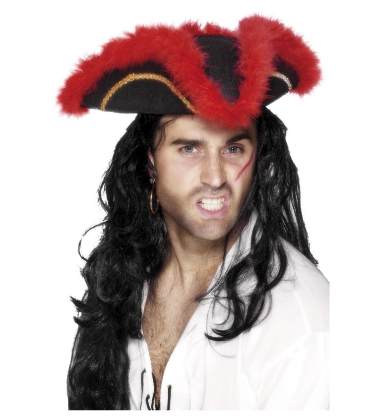 Pirátský klobouk - černý s červeným chmýřím