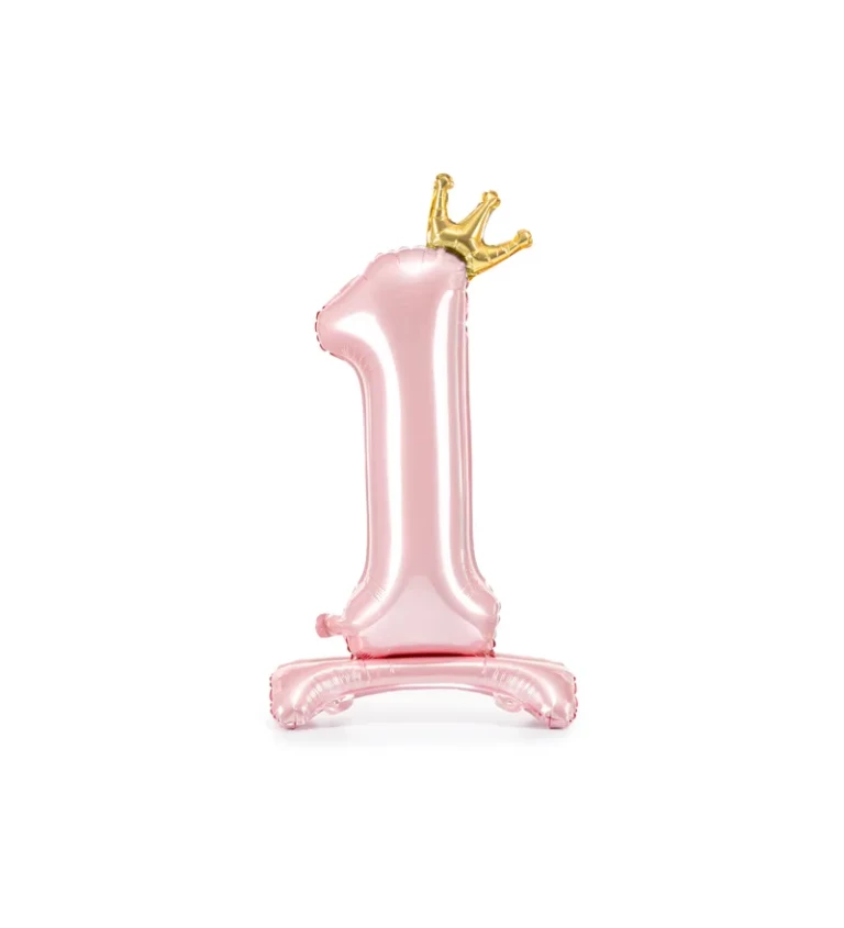 Fóliový balónek stojící číslo 1 s korunkou, růžový, 84 cm