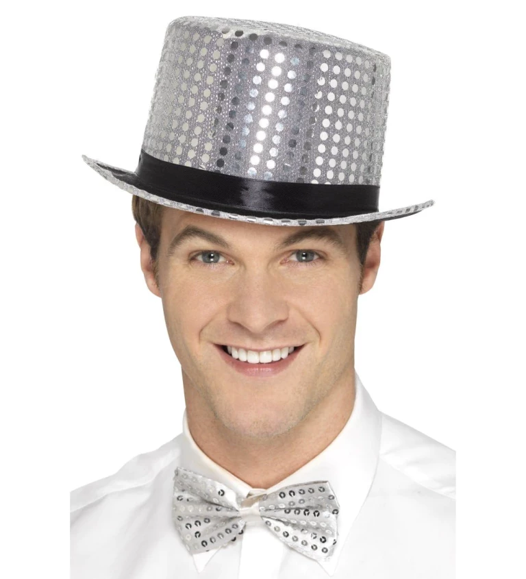 Stříbrný glitrový klobouk cylindr