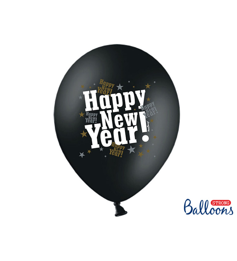 Latexové balónky 30 cm Happy new year, černé, 6 ks