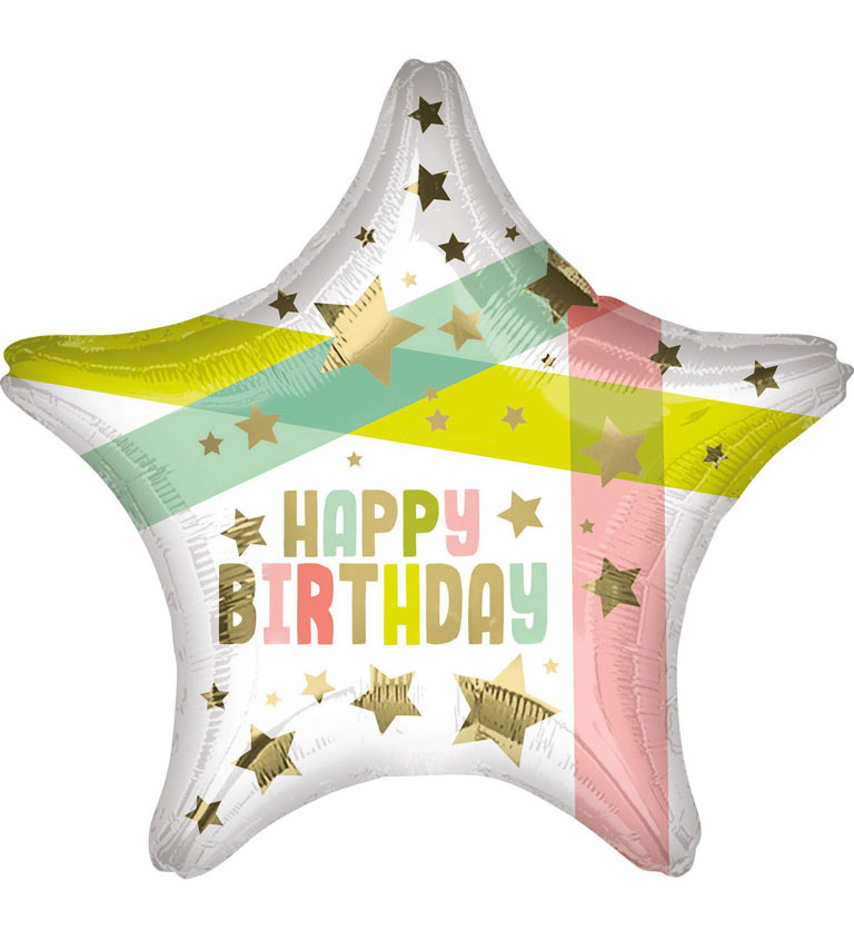 Fóliový balónek hvězda Happy birthday barevný 48 cm
