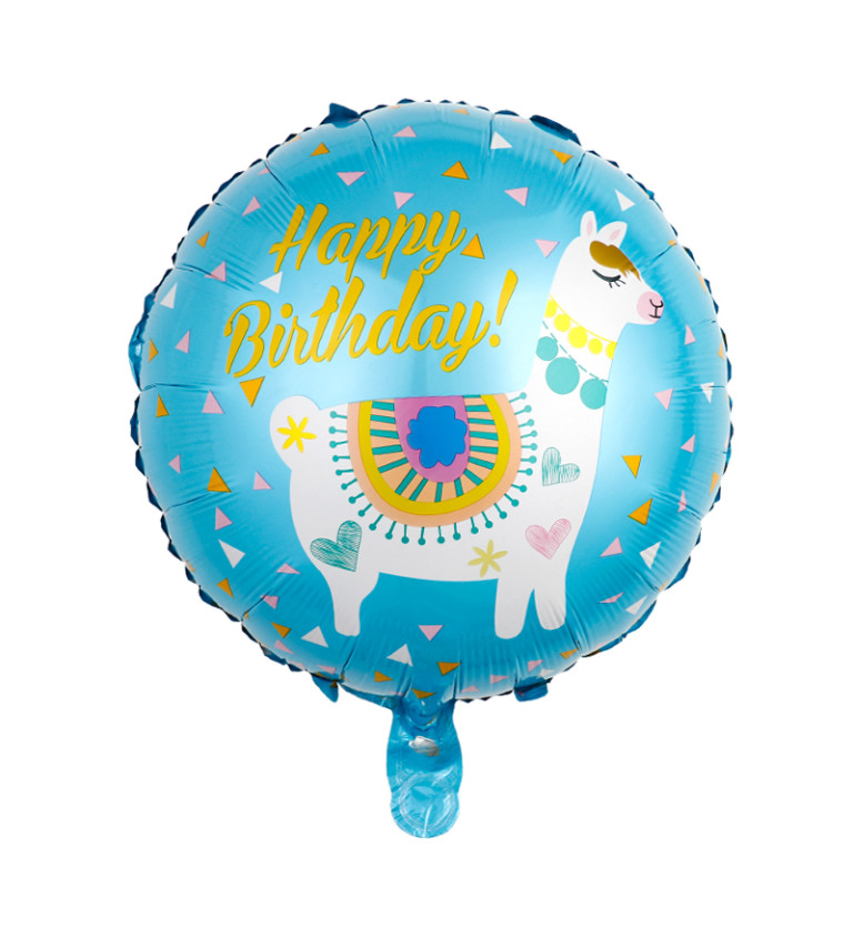 Fóliový balónek - Happy birthday lama modrá