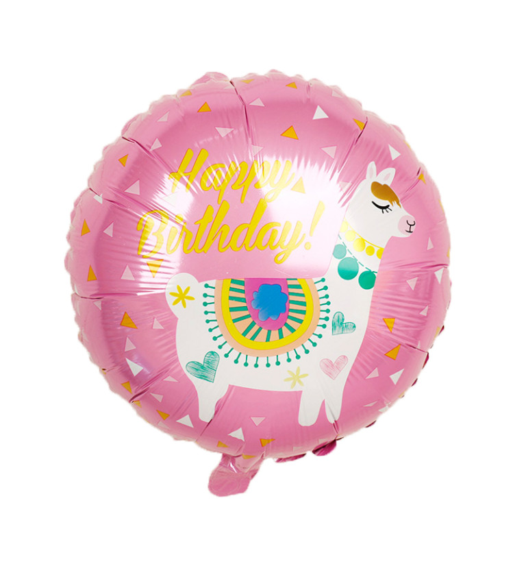 Fóliový balónek - Happy birthday lama růžová