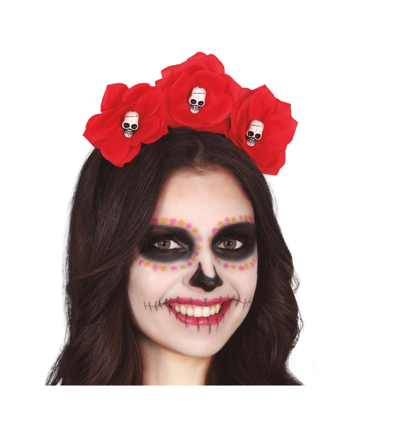 Červená Catrina - květy a lebky