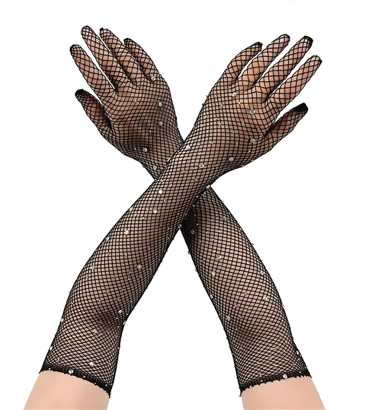 Dlouhé síťované rukavice s kamínky - černé