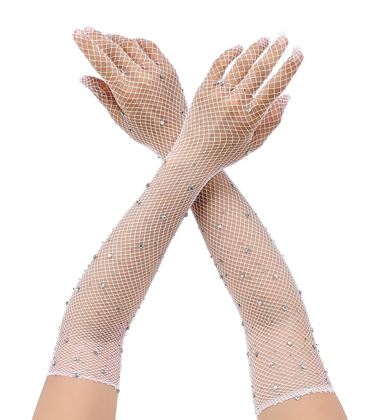 Dlouhé síťované rukavice s kamínky - bílé