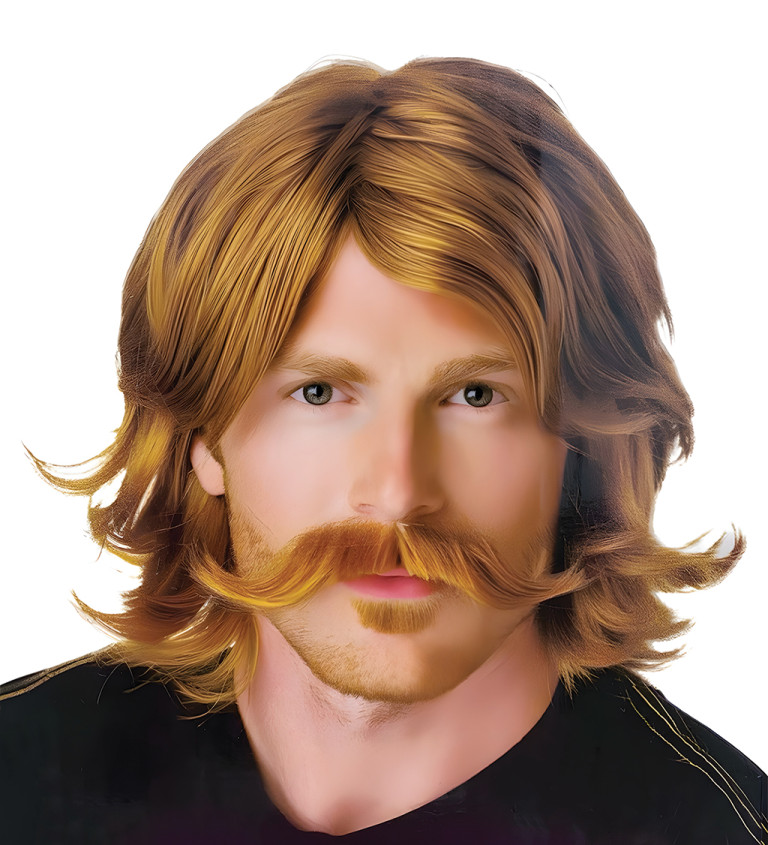 Paruka pánská - 70. léta s knírkem, světle hnědá